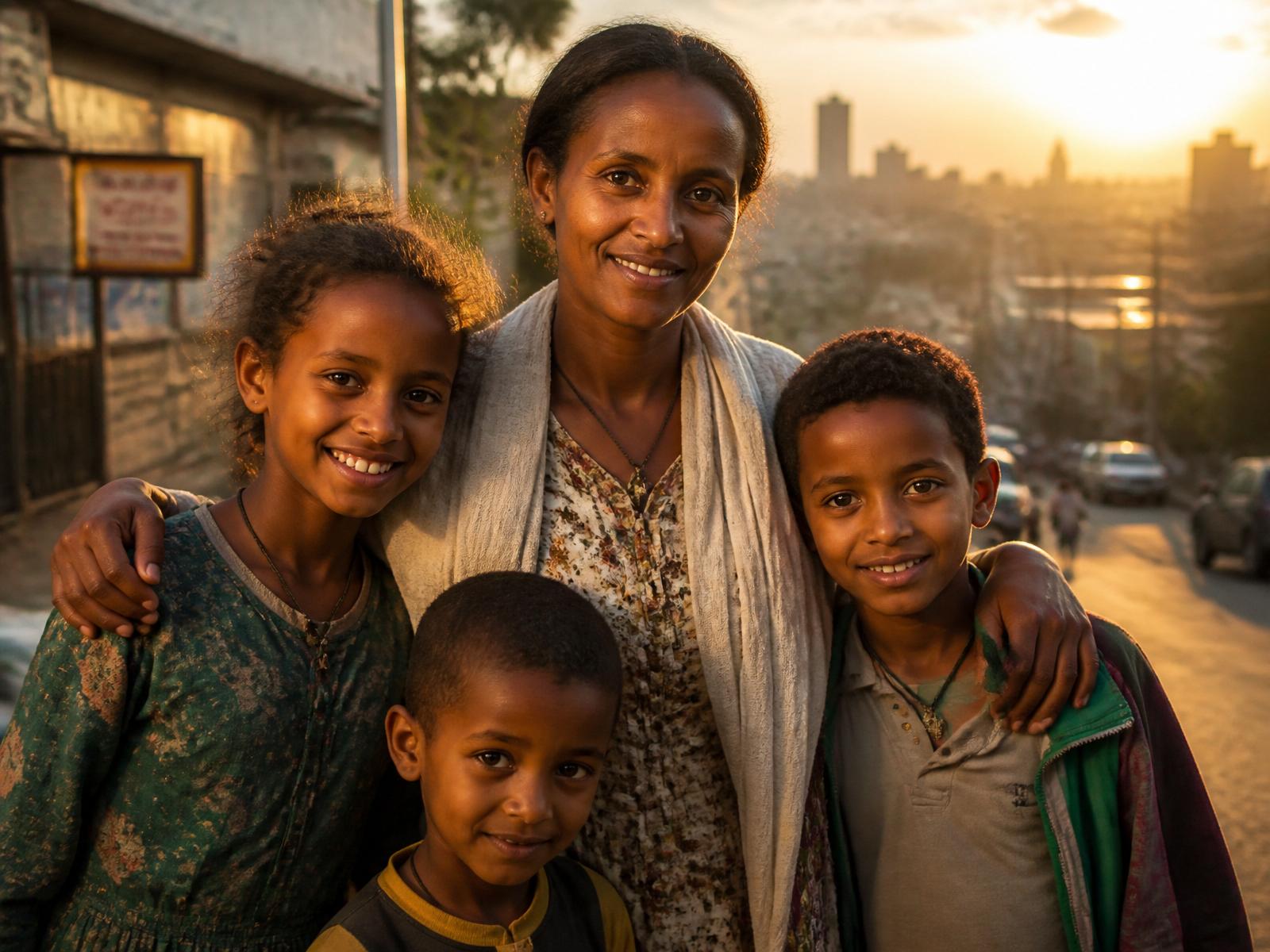 An Ethiopian mother and her children on a sunlit street